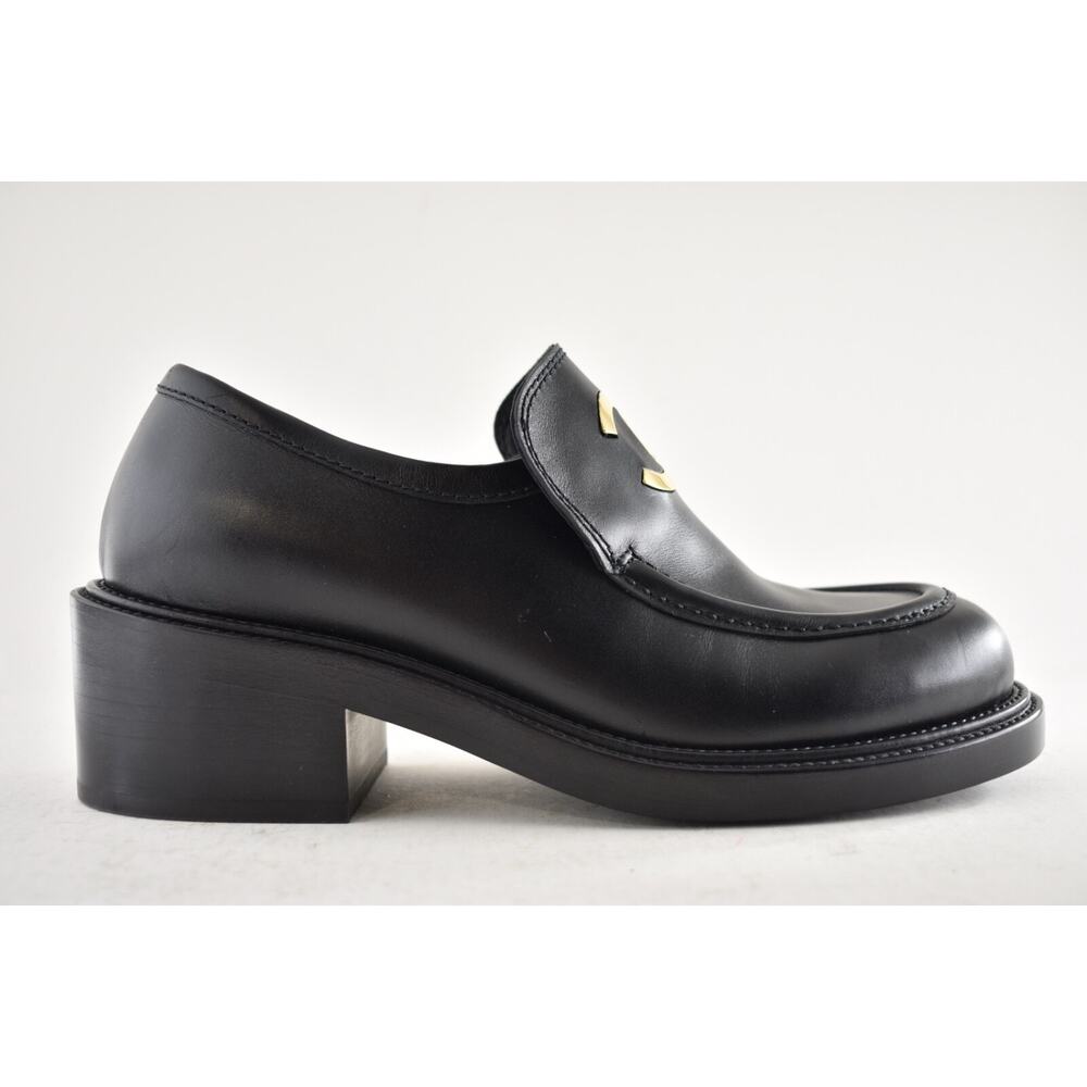 Chanel 55mm Black Calfskin Leather CC Gold Logo Block Heel Platform Loafer 39 - Picture 2 of 16